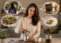 Mulher madura prepara café enquanto pensa na filha, no trabalho, nas compras e na vida conjugal, simbolizando a sobrecarga de quem cuida de todos e esquece de si.