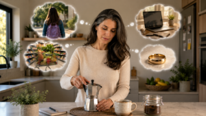 Mulher madura prepara café enquanto pensa na filha, no trabalho, nas compras e na vida conjugal, simbolizando a sobrecarga de quem cuida de todos e esquece de si.