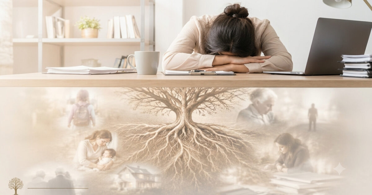 Mulher exausta sobre a mesa de trabalho, com árvore de raízes profundas e imagens da história familiar simbolizando as múltiplas camadas relacionadas ao burnout