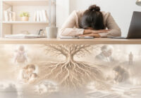 Mulher exausta sobre a mesa de trabalho, com árvore de raízes profundas e imagens da história familiar simbolizando as múltiplas camadas relacionadas ao burnout