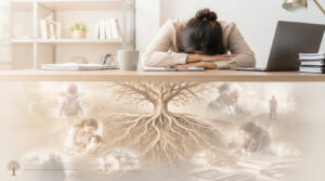 Mulher exausta sobre a mesa de trabalho, com árvore de raízes profundas e imagens da história familiar simbolizando as múltiplas camadas relacionadas ao burnout
