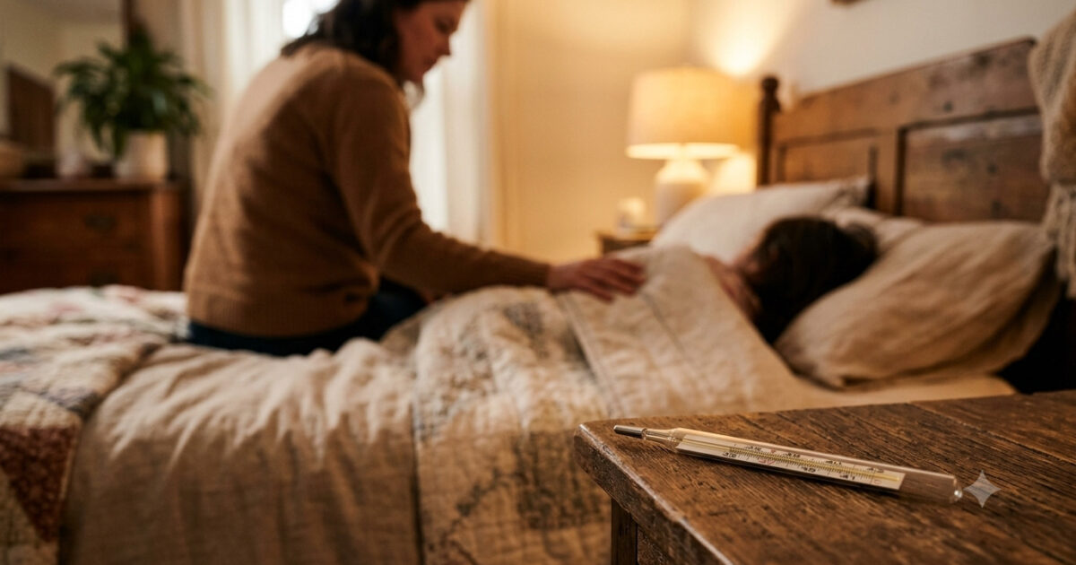 criança na cama, com febre, sendo cuidada por sua mãe