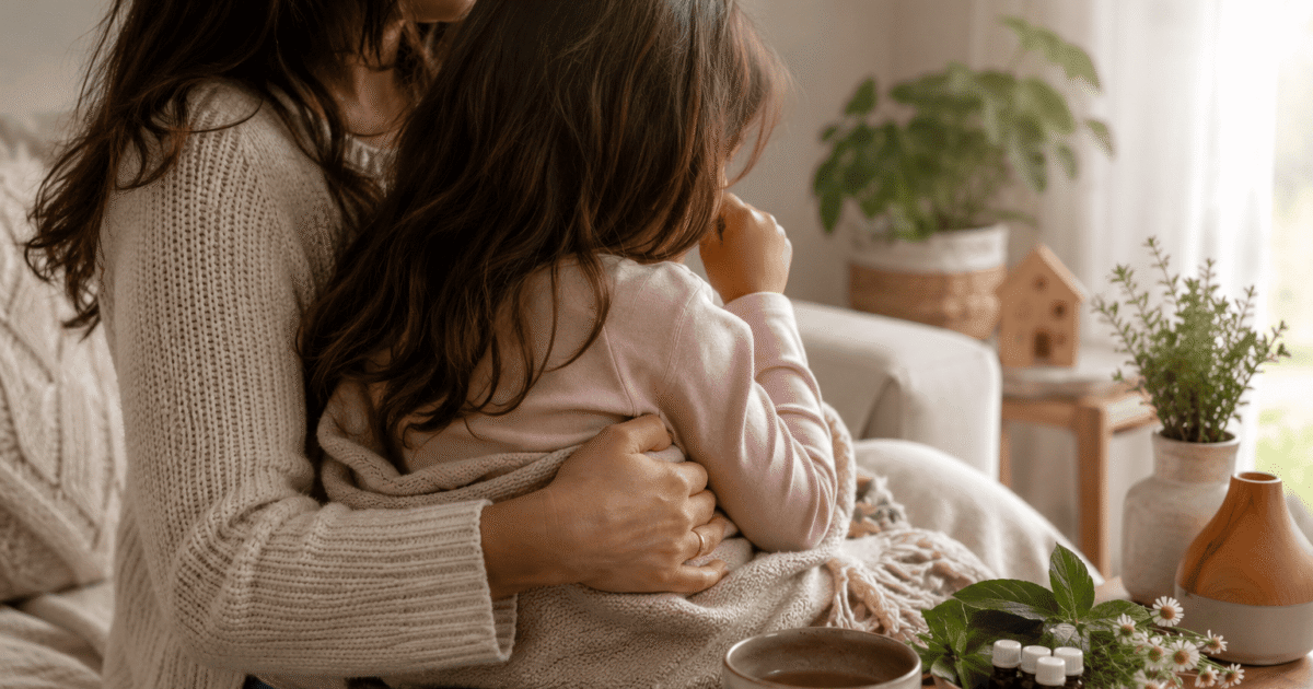 criança tossindo no colo da mãe