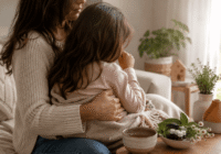 criança tossindo no colo da mãe