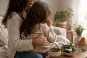 criança tossindo no colo da mãe