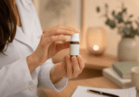 Médica segura frasco de medicamento homeopático em ambiente acolhedor