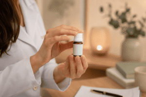 Médica segura frasco de medicamento homeopático em ambiente acolhedor