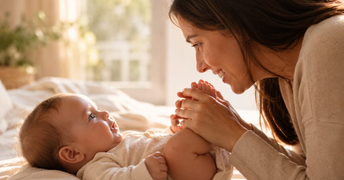 Mãe brinca com os pés do bebê em momento de vínculo e cuidado, representando a atenção integral à saúde infantil