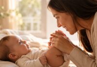 Mãe brinca com os pés do bebê em momento de vínculo e cuidado, representando a atenção integral à saúde infantil