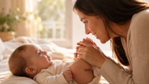 Mãe brinca com os pés do bebê em momento de vínculo e cuidado, representando a atenção integral à saúde infantil