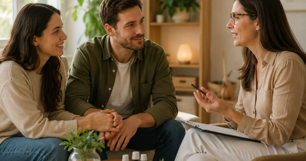 Médica conversa com um casal em ambiente acolhedor, representando cuidado personalizado, escuta atenta e atendimento centrado na pessoa.