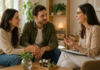 Médica conversa com um casal em ambiente acolhedor, representando cuidado personalizado, escuta atenta e atendimento centrado na pessoa.