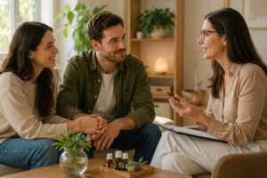 Médica conversa com um casal em ambiente acolhedor, representando cuidado personalizado, escuta atenta e atendimento centrado na pessoa.