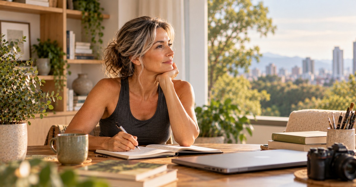 Mulher madura escreve em um caderno, simbolizando a menopausa como um novo capítulo de vida